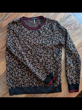 Scotch & Soda Brown and Black Leopard-Print Crewneck Sweater with Red Trim
